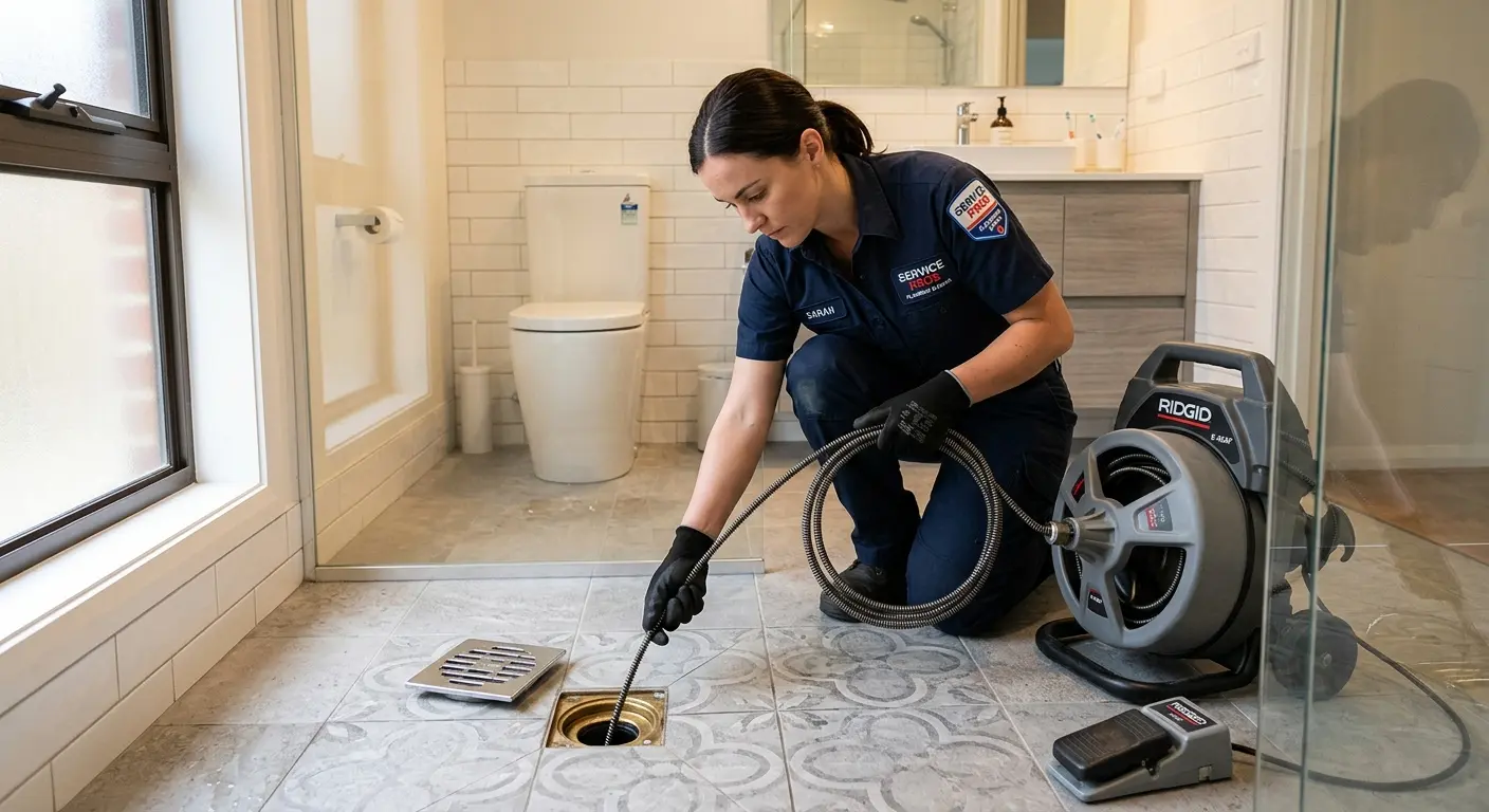 Technician clearing a bathroom floor drain for Sewer Line Replacement in Silvis